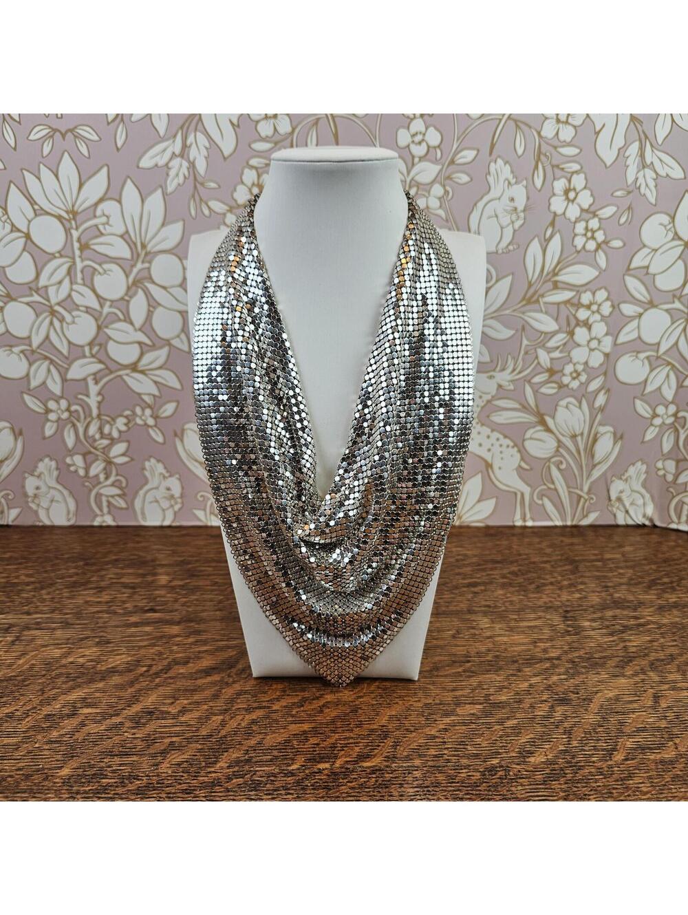 Whiting & Davis Silver Mesh Bib Necklace Signed 16 Inch Chainmail Drape Collar